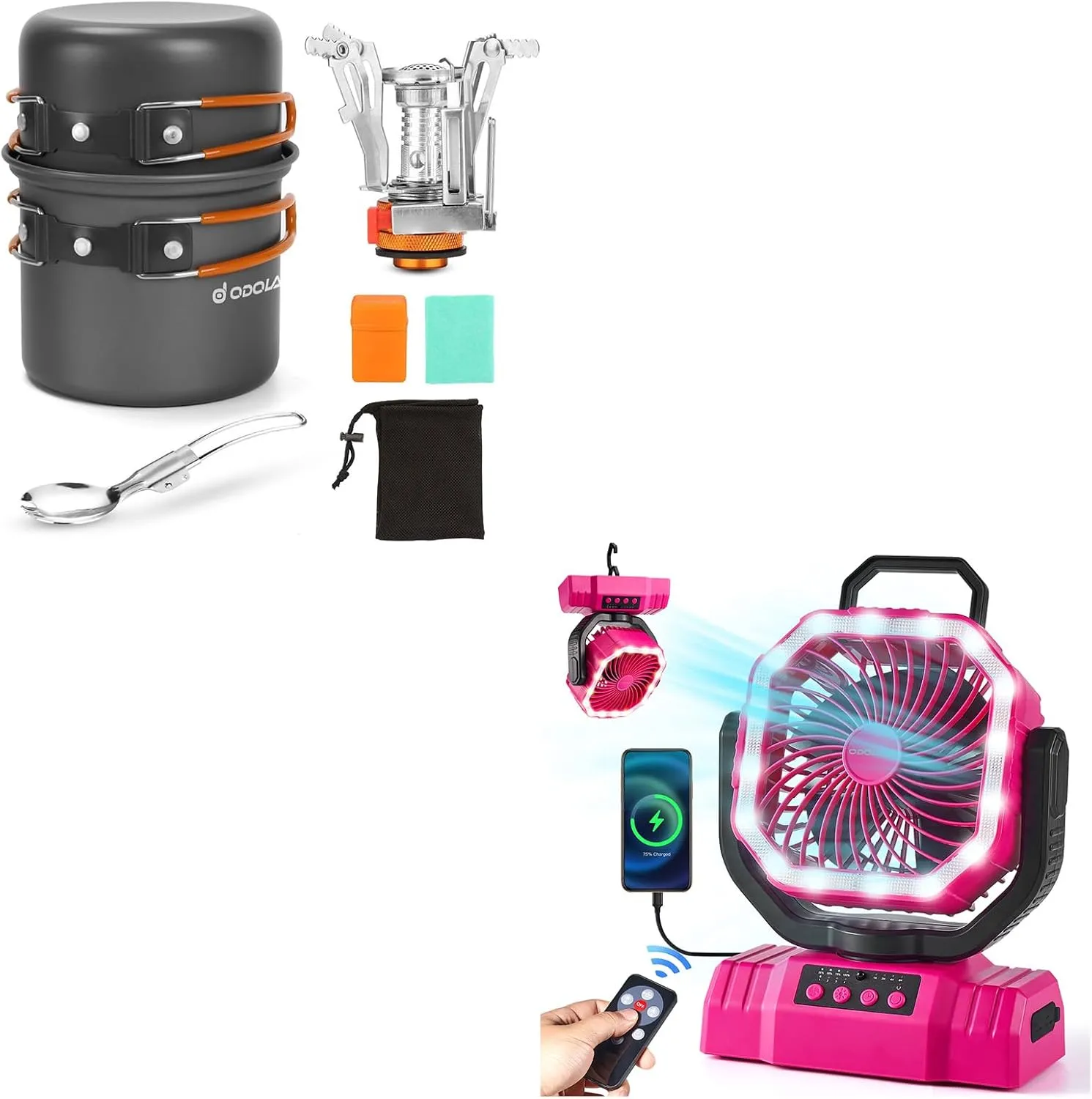 Odoland Bundle - 2 Items 6pcs Camping Cookware Mess Kit and Portable Camping Lantern with LED Lantern