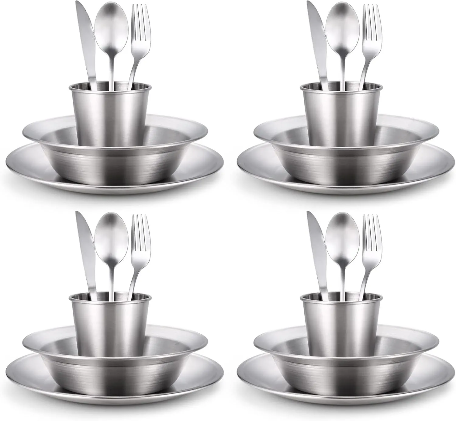 Odoland Camping Complete Messware Kit, Polished Stainless Steel Camp Dinnerware, Camping Cooking Tableware, Cutlery Organizer Utensil with Plates and Bowls Set for Backpacking, Hiking, Picnic