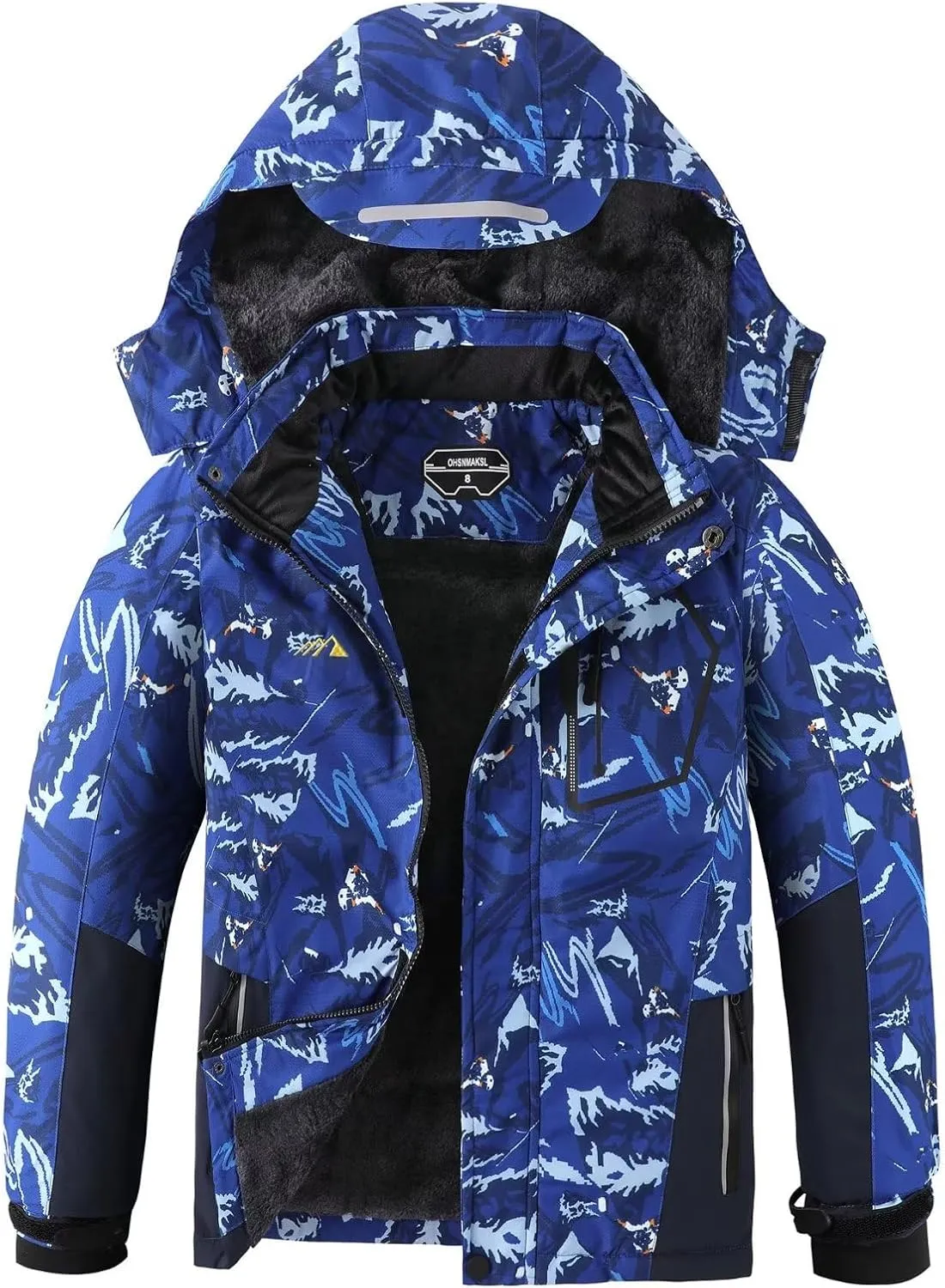 OHSNMAKSL Boy's Waterproof Ski Jacket Warm Winter Snow Coat Kids Fleece Snowboarding Jackets Thick Hooded Windproof Coats