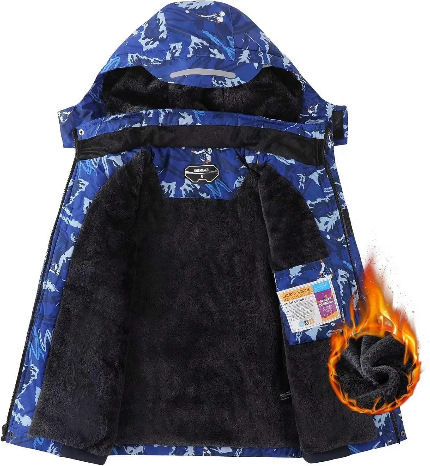 OHSNMAKSL Boy's Waterproof Ski Jacket Warm Winter Snow Coat Kids Fleece Snowboarding Jackets Thick Hooded Windproof Coats