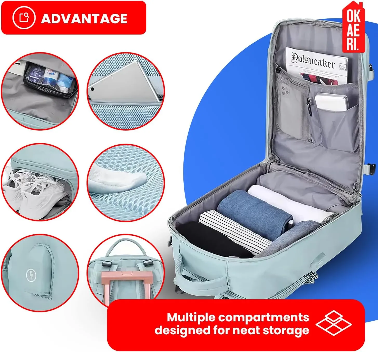 OKAERI. Extra Large Travel Backpack 40L Women Men Carry On USB Port Shoe Pouch Flight Approved Hiking Waterproof Outdoor Sports Rucksack Casual Daypack Travel Essential 18"x12" x8" (Beige)
