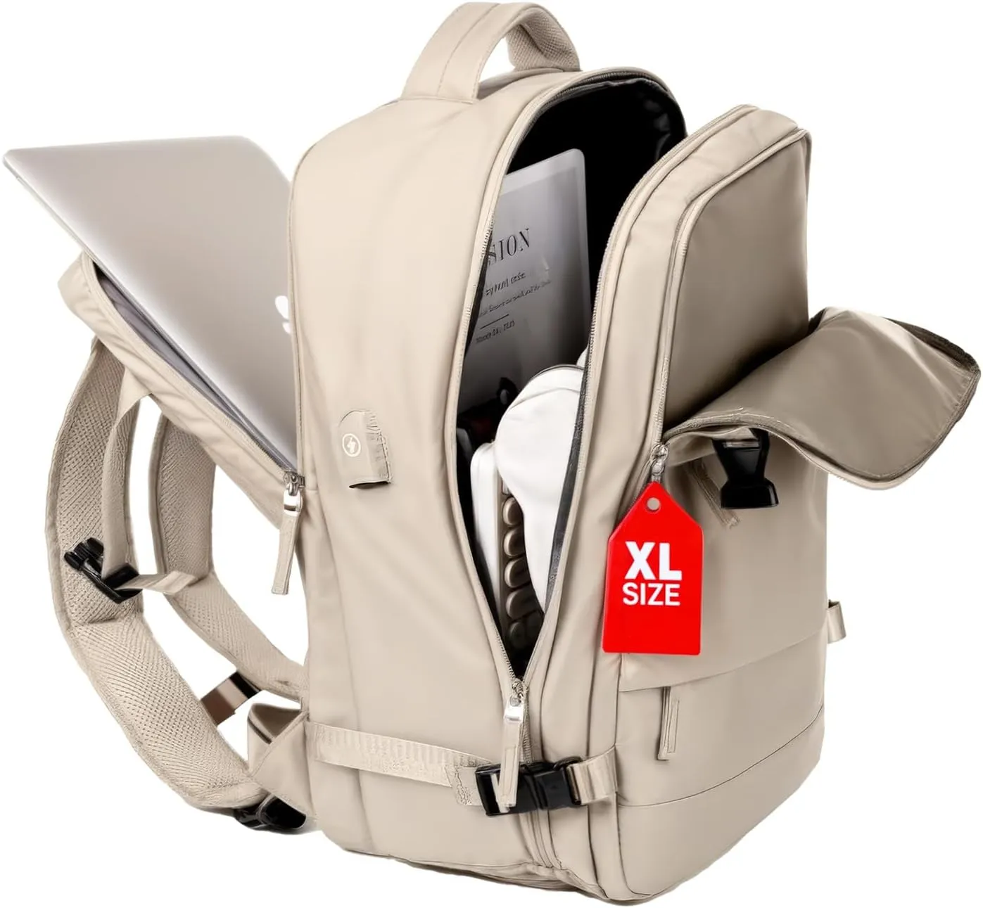 OKAERI. Extra Large Travel Backpack 40L Women Men Carry On USB Port Shoe Pouch Flight Approved Hiking Waterproof Outdoor Sports Rucksack Casual Daypack Travel Essential 18"x12" x8" (Beige)