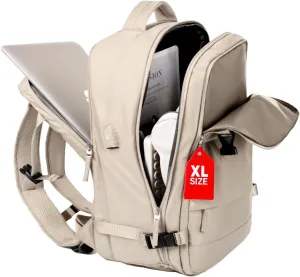 OKAERI. Extra Large Travel Backpack 40L Women Men Carry On USB Port Shoe Pouch Flight Approved Hiking Waterproof Outdoor Sports Rucksack Casual Daypack Travel Essential 18"x12" x8" (Beige)