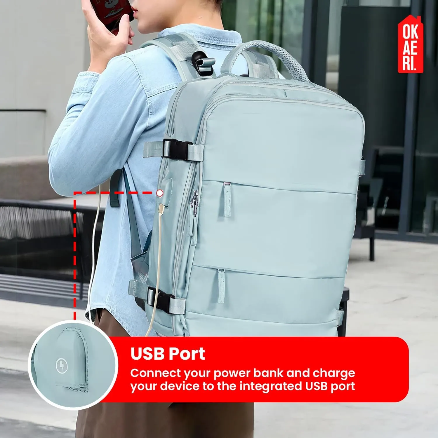 OKAERI. Extra Large Travel Backpack 40L Women Men Carry On USB Port Shoe Pouch Flight Approved Hiking Waterproof Outdoor Sports Rucksack Casual Daypack Travel Essential 18"x12" x8" (Beige)