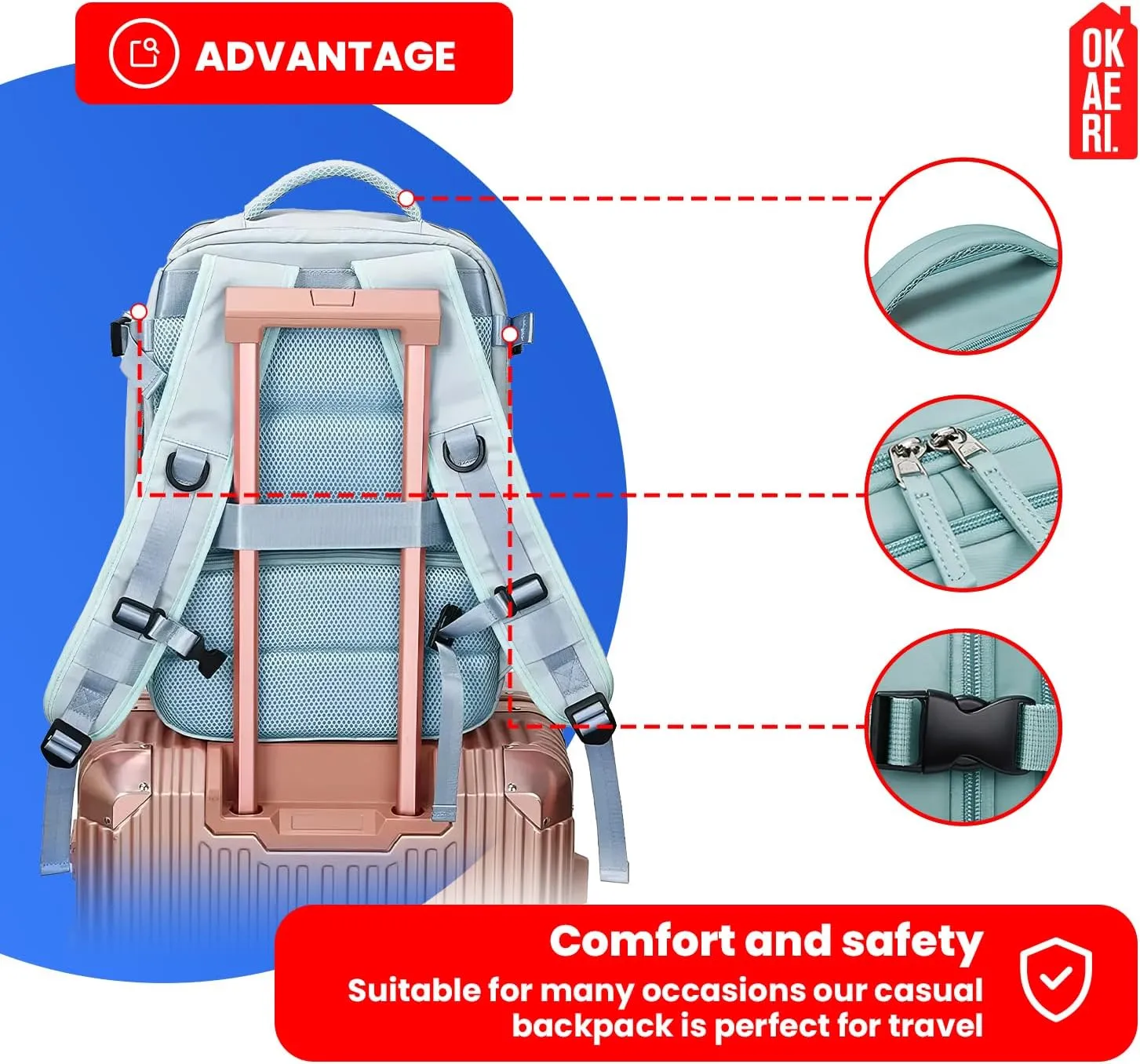 OKAERI. Extra Large Travel Backpack 40L Women Men Carry On USB Port Shoe Pouch Flight Approved Hiking Waterproof Outdoor Sports Rucksack Casual Daypack Travel Essential 18"x12" x8" (Beige)