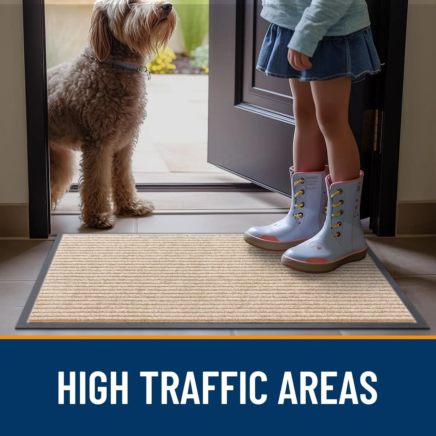OLANLY Front Door Mat Indoor Outdoor Entrance, Waterproof Heavy Duty Doormat, Fade Resistant, Low Profile, Easy Clean Patio Porch Welcome Floor Mats for Entry, 29.5x17, Beige