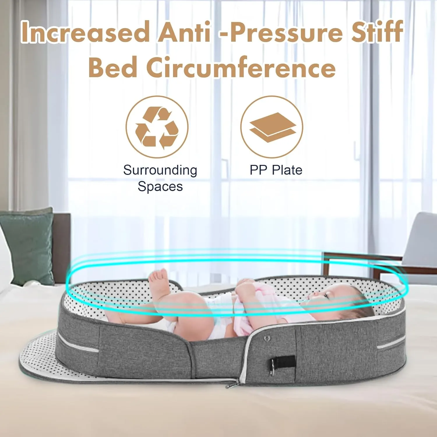 omzer Baby Travel Bassinet Portable Bassinets - Foldable Baby Co-Sleeping Bed Lightweight Travel Pod Infant Travel Bed with 2-1 Mosquito & Canopy Grey