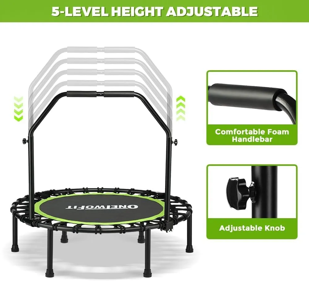 ONETWOFIT Foldable Rebounder Trampoline for Adults, 40/42/45” Mini Fitness Trampoline W/Adjustable Foam Handle Bungees, Quiet Exercise Trampoline for Personal Indoor Workout