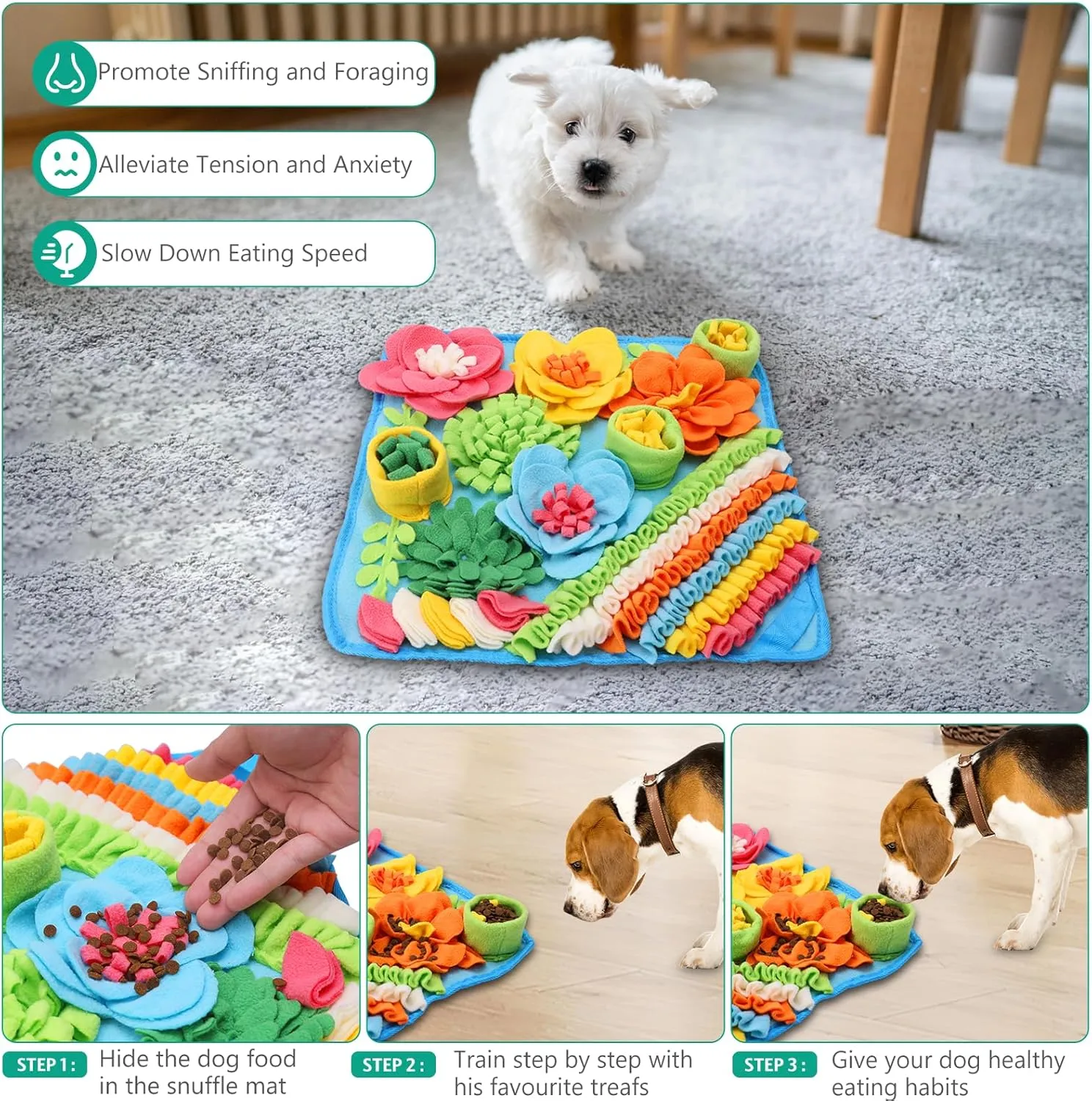 ORIA Snuffle Mat for Dogs, Interactive Sniff Mat for Boredom, Slow Eating, Keep Busy, Encourages Natural Foraging Skills, Dog Puzzle Toys for Dogs Cats Rabbits, 15x15 inch