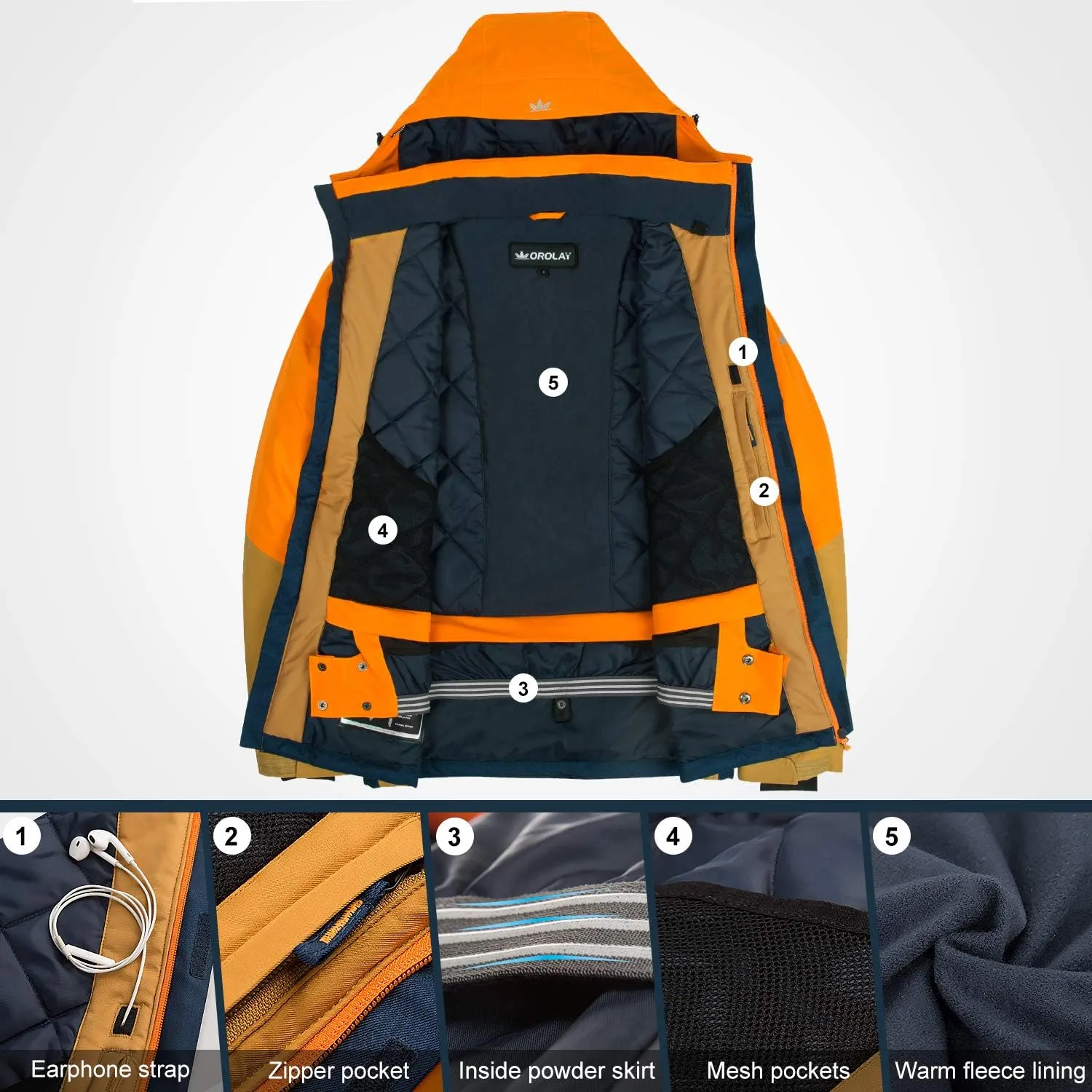 Orolay Men's Mountain Waterproof Ski Jacket Windproof Rain Jacket Winter Warm Snow Coat
