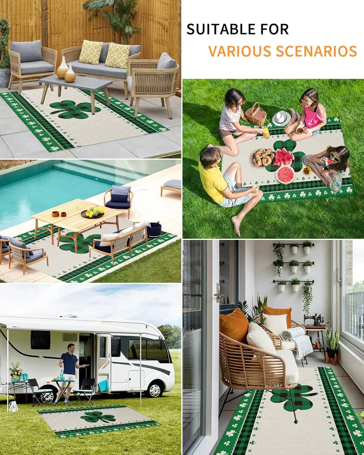 Outdoor Area Rug 6x9ft,Irish St. Patrick's Day Green Clover Buffalo Plaid Patio Rug Indoor Entryway Mat,Outside Carpet for Porch Backyard Deck Balcony,Lucky Shamrock Retro Cotton Linen