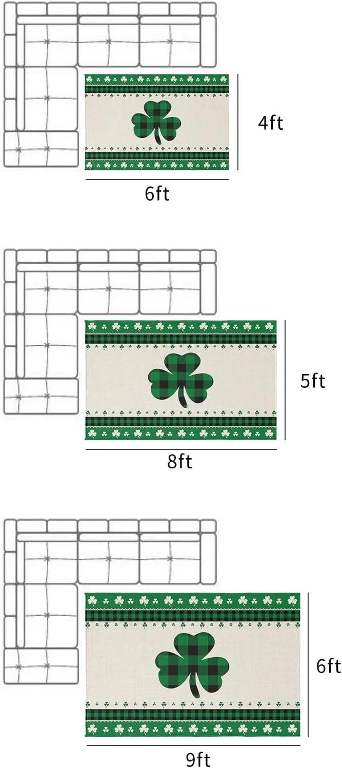 Outdoor Area Rug 6x9ft,Irish St. Patrick's Day Green Clover Buffalo Plaid Patio Rug Indoor Entryway Mat,Outside Carpet for Porch Backyard Deck Balcony,Lucky Shamrock Retro Cotton Linen