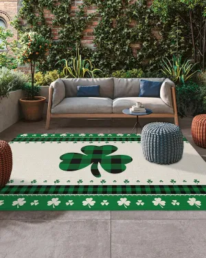 Outdoor Area Rug 6x9ft,Irish St. Patrick's Day Green Clover Buffalo Plaid Patio Rug Indoor Entryway Mat,Outside Carpet for Porch Backyard Deck Balcony,Lucky Shamrock Retro Cotton Linen