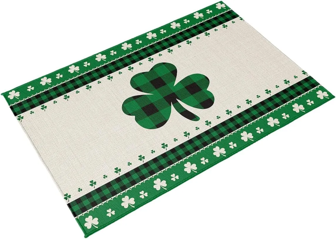 Outdoor Area Rug 6x9ft,Irish St. Patrick's Day Green Clover Buffalo Plaid Patio Rug Indoor Entryway Mat,Outside Carpet for Porch Backyard Deck Balcony,Lucky Shamrock Retro Cotton Linen