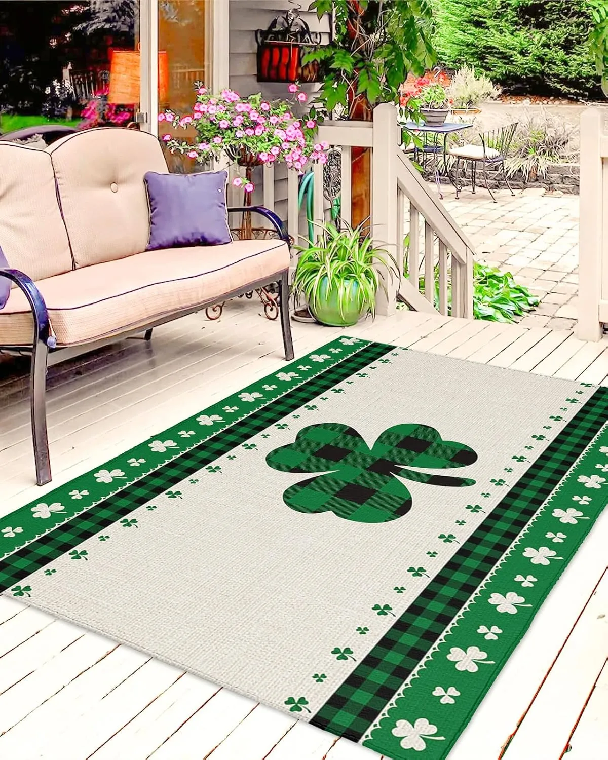Outdoor Area Rug 6x9ft,Irish St. Patrick's Day Green Clover Buffalo Plaid Patio Rug Indoor Entryway Mat,Outside Carpet for Porch Backyard Deck Balcony,Lucky Shamrock Retro Cotton Linen