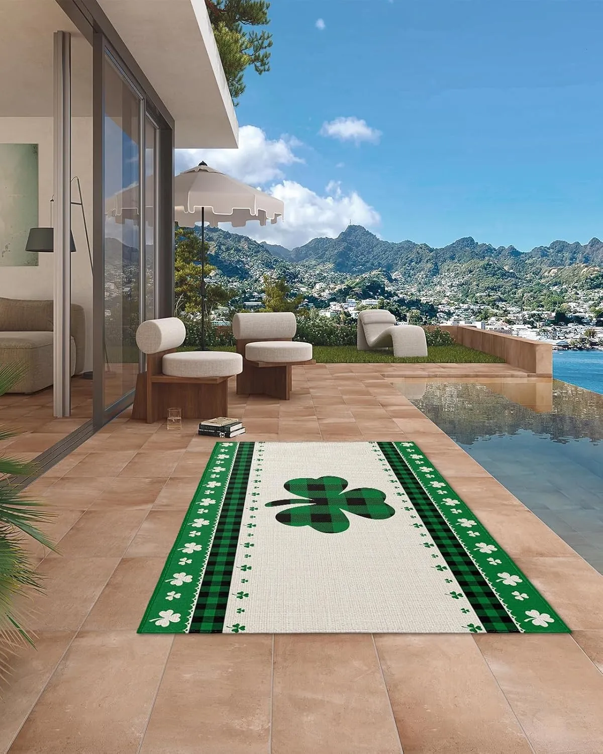 Outdoor Area Rug 6x9ft,Irish St. Patrick's Day Green Clover Buffalo Plaid Patio Rug Indoor Entryway Mat,Outside Carpet for Porch Backyard Deck Balcony,Lucky Shamrock Retro Cotton Linen