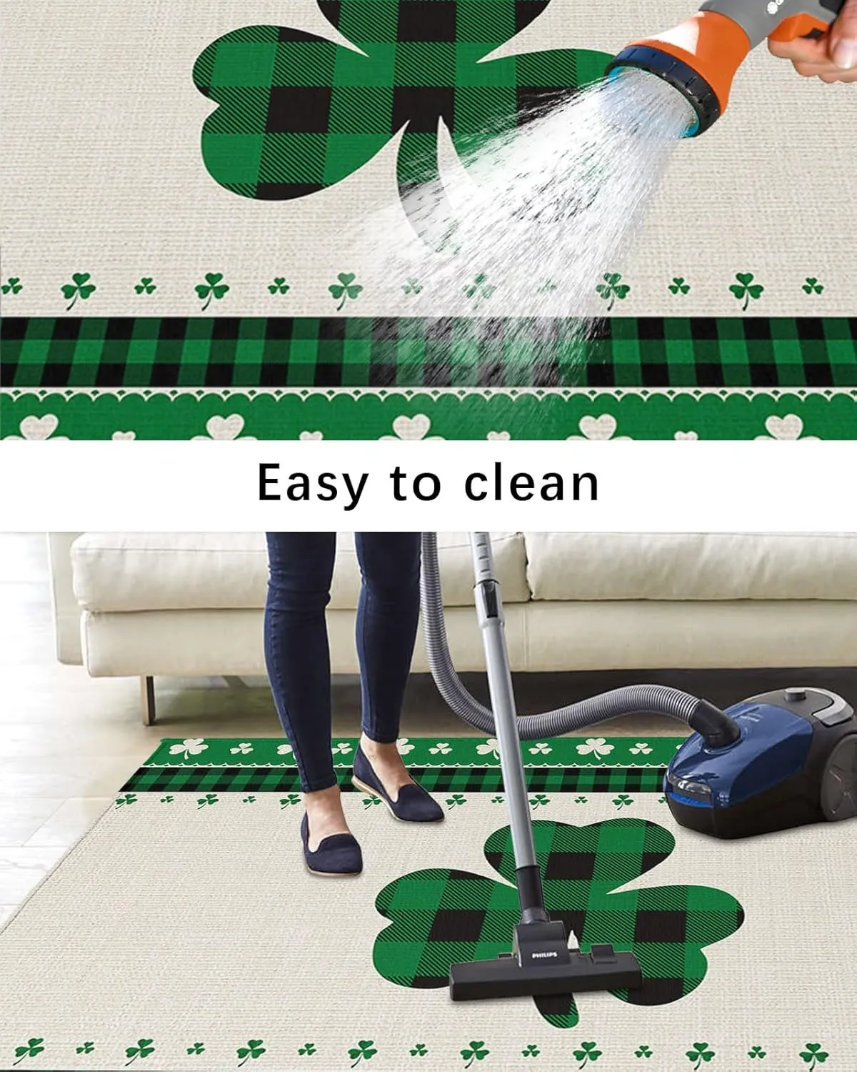Outdoor Area Rug 6x9ft,Irish St. Patrick's Day Green Clover Buffalo Plaid Patio Rug Indoor Entryway Mat,Outside Carpet for Porch Backyard Deck Balcony,Lucky Shamrock Retro Cotton Linen