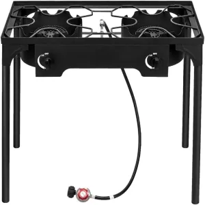 Outdoor Camp Stove High Pressure Propane Gas Cooker Portable Cast Iron Patio Cooking Burner (Double Burner 150000-BTU)