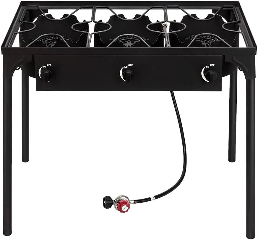 Outdoor Camp Stove Three Burner High Pressure Propane Gas Stove Cooker Portable Cast Iron Patio Cooking Burner Picnic Cooker for Home Patio Cooking Camping Brewing Turkey Frying