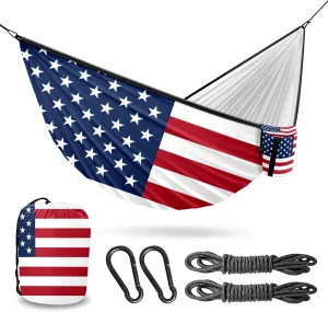 Outdoor Camping Hammock American Flag Double & Single Hammocks with 2 Tree Straps, Lightweight & Portable Yet Heavy Duty Nylon Hammocks for Backpacking, Travel, Beach, Backyard, Patio, Hiking