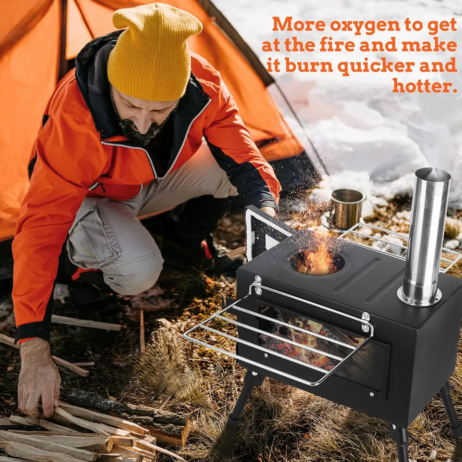 Outdoor Camping Stove, Portable Wood Burning Stove with Chimney Pipe for Tent, Shelter, Heating and Cooking