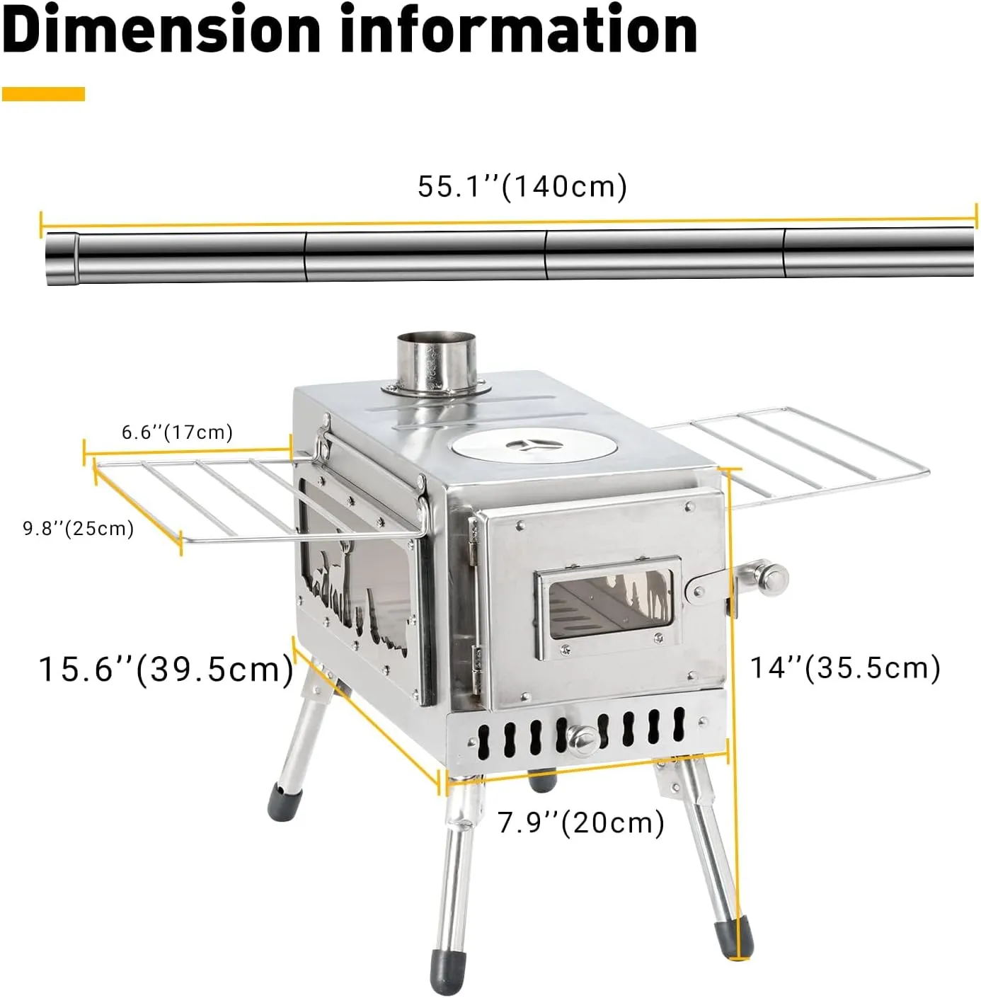 Outdoor Camping Stove, Portable Wood Burning Stove with Chimney Pipe for Tent, Shelter, Heating and Cooking
