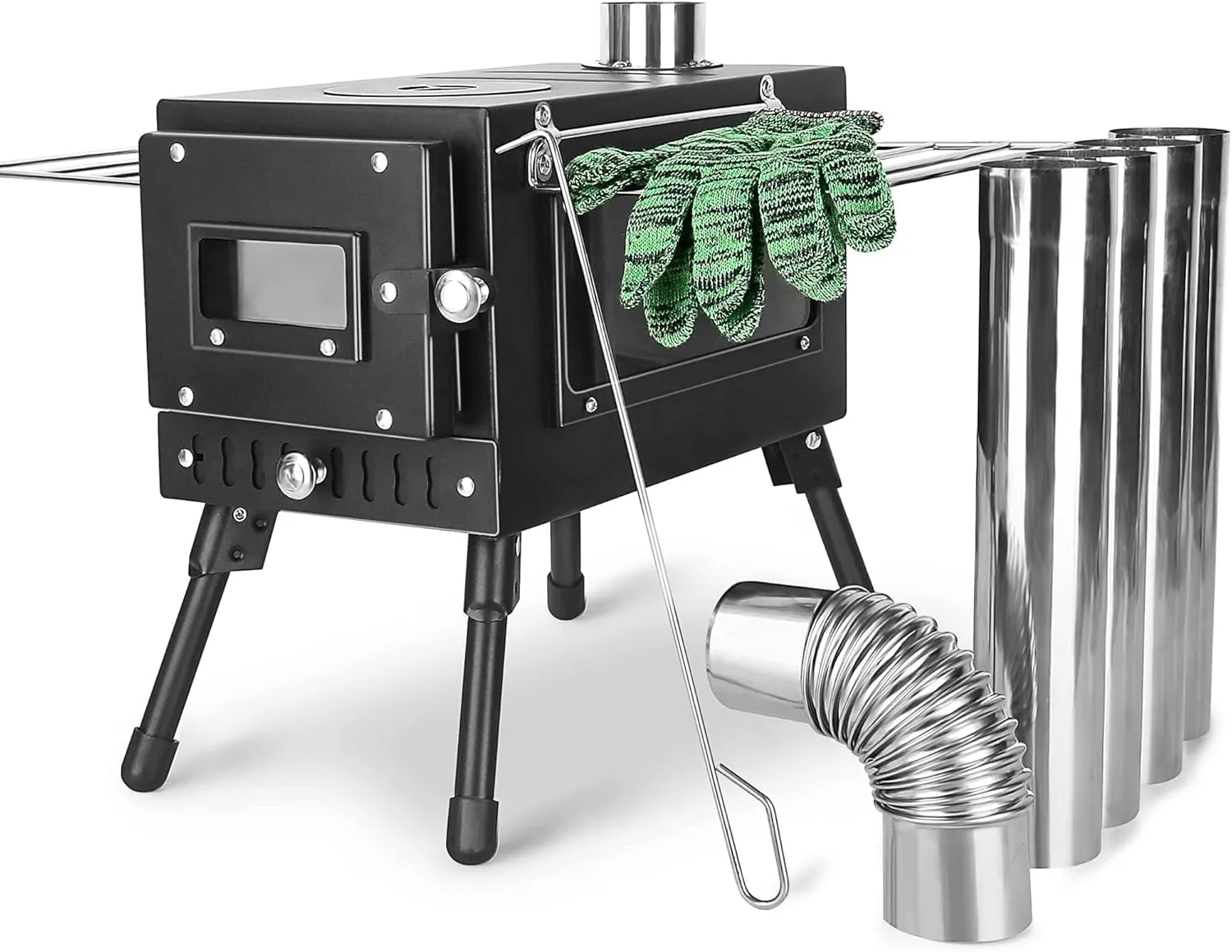 Outdoor Camping Stove, Portable Wood Burning Stove with Chimney Pipe for Tent, Shelter, Heating and Cooking