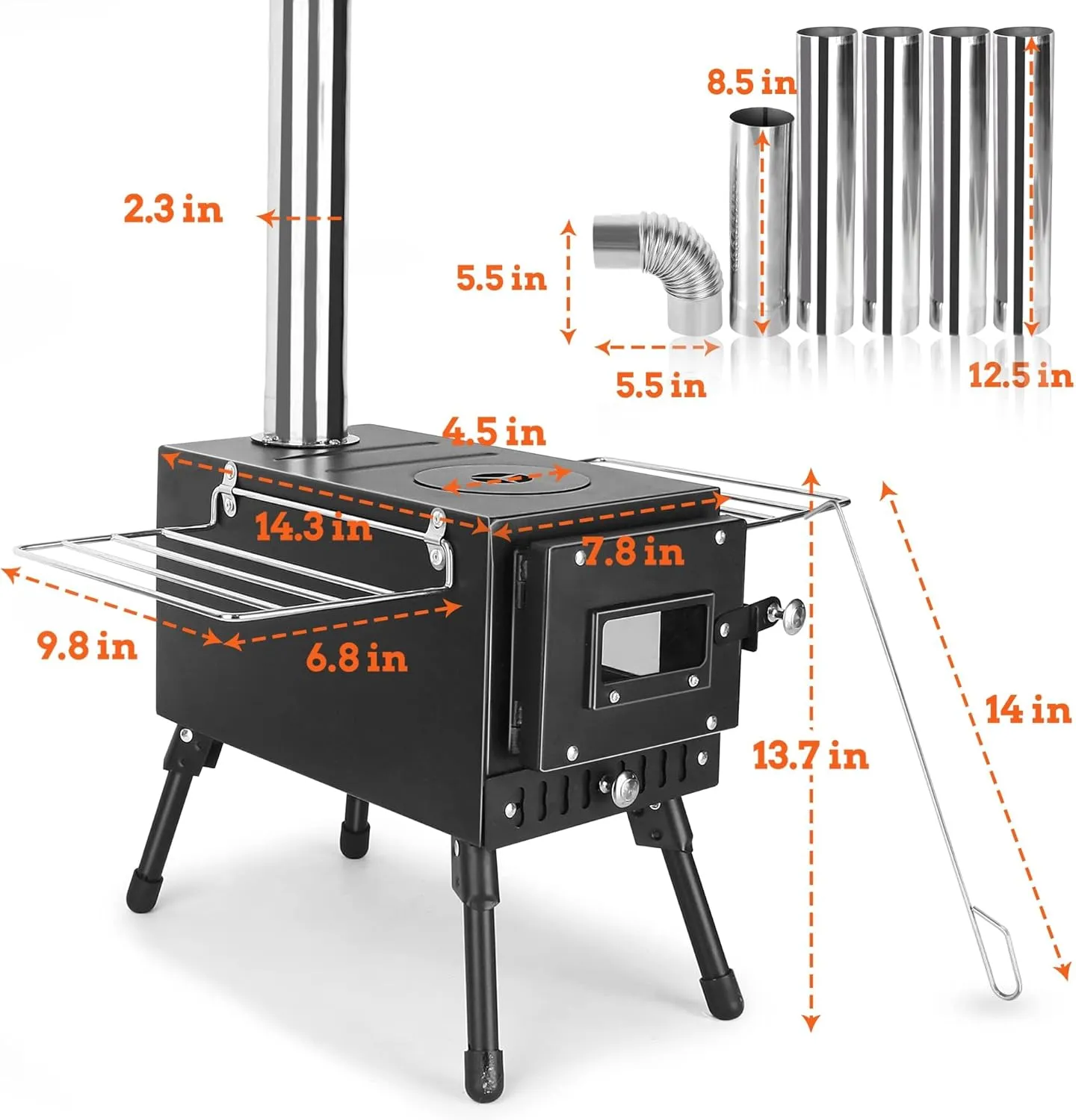 Outdoor Camping Stove, Portable Wood Burning Stove with Chimney Pipe for Tent, Shelter, Heating and Cooking
