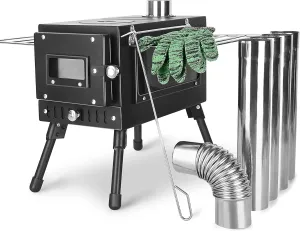 Outdoor Camping Stove, Portable Wood Burning Stove with Chimney Pipe for Tent, Shelter, Heating and Cooking