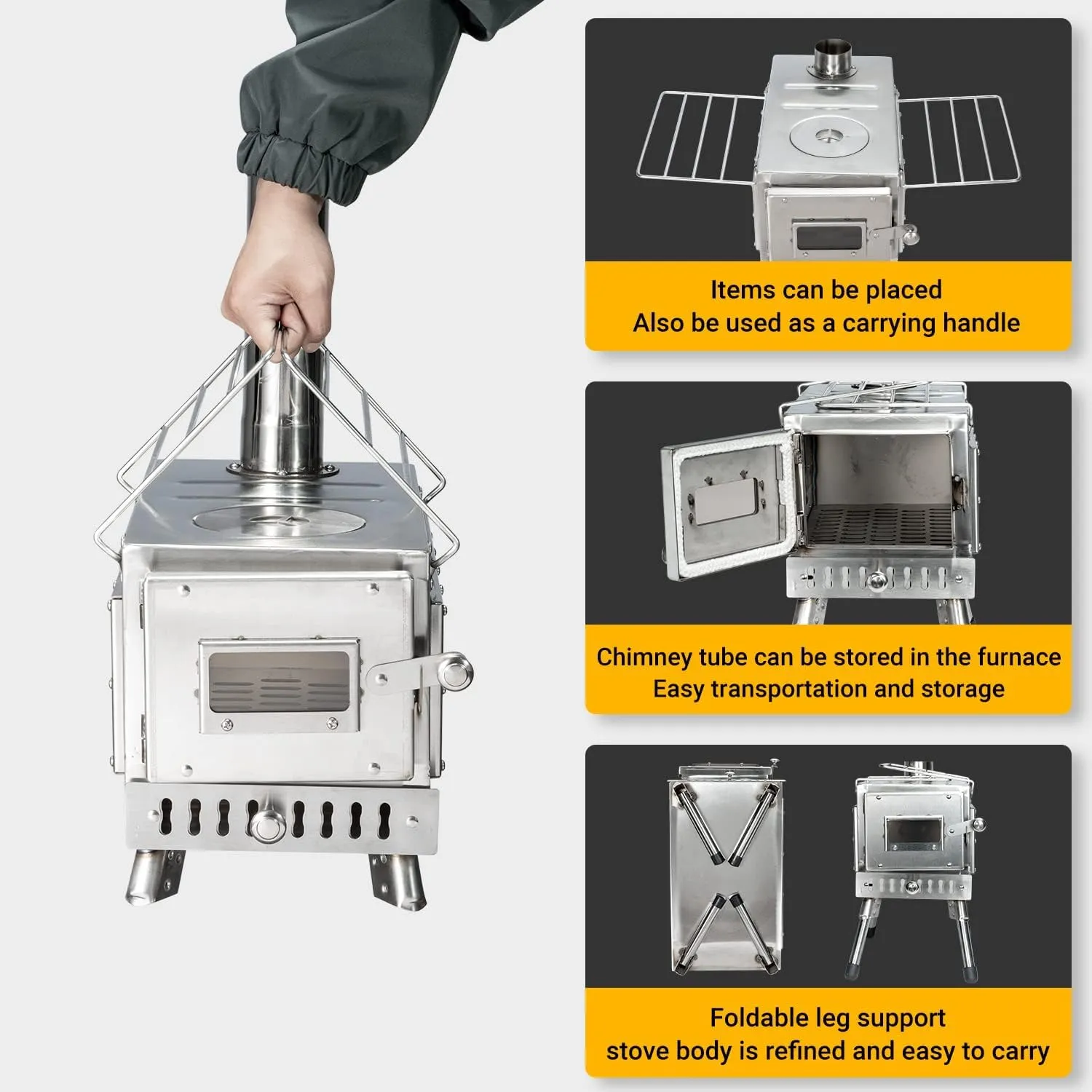 Outdoor Camping Stove, Portable Wood Burning Stove with Chimney Pipe for Tent, Shelter, Heating and Cooking