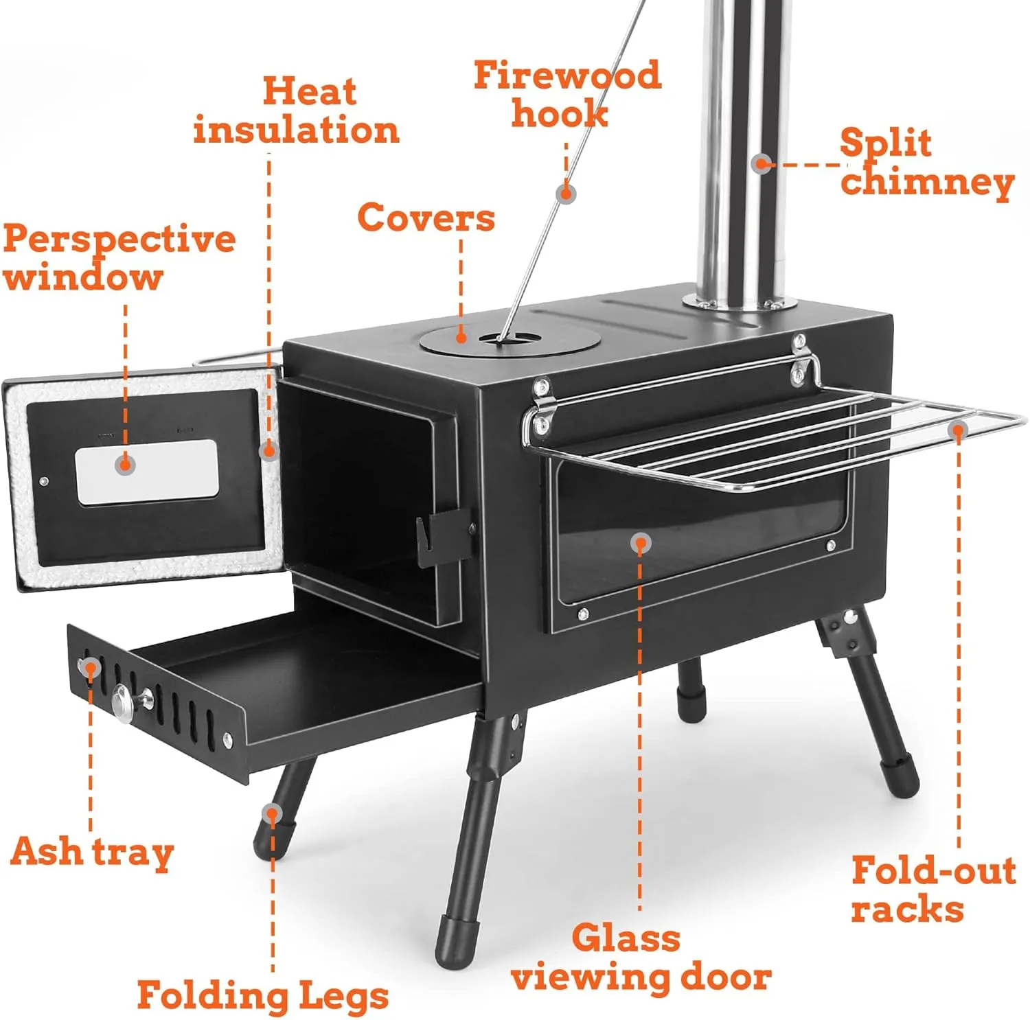 Outdoor Camping Stove, Portable Wood Burning Stove with Chimney Pipe for Tent, Shelter, Heating and Cooking