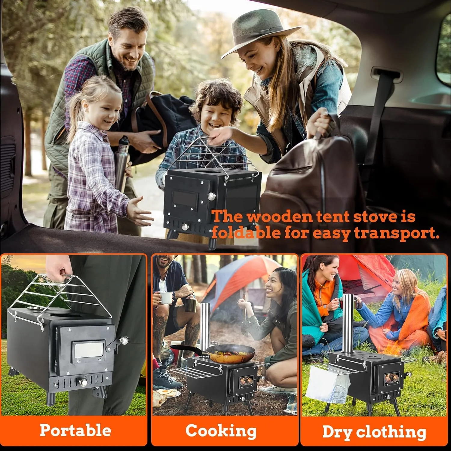 Outdoor Camping Stove, Portable Wood Burning Stove with Chimney Pipe for Tent, Shelter, Heating and Cooking