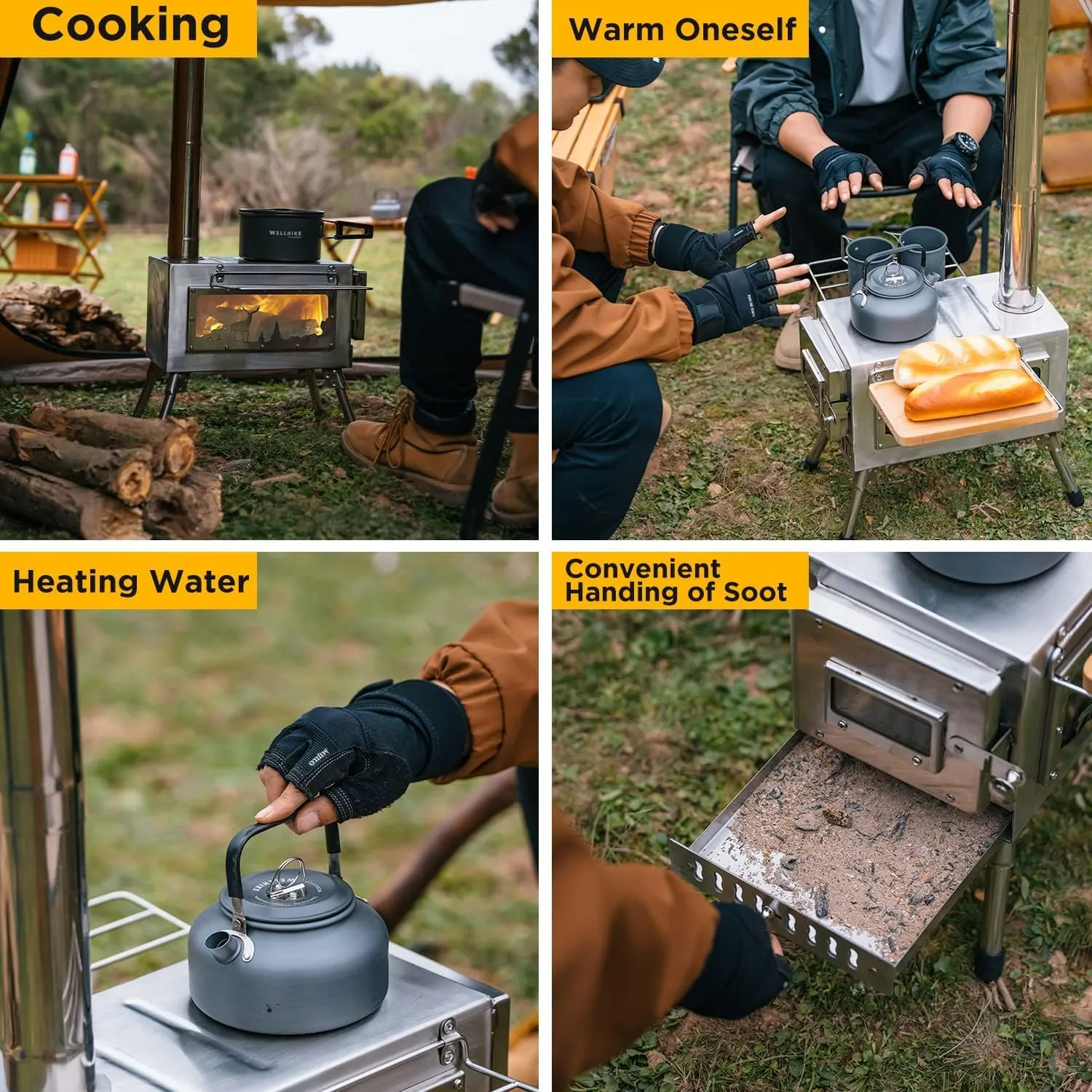 Outdoor Camping Stove, Portable Wood Burning Stove with Chimney Pipe for Tent, Shelter, Heating and Cooking