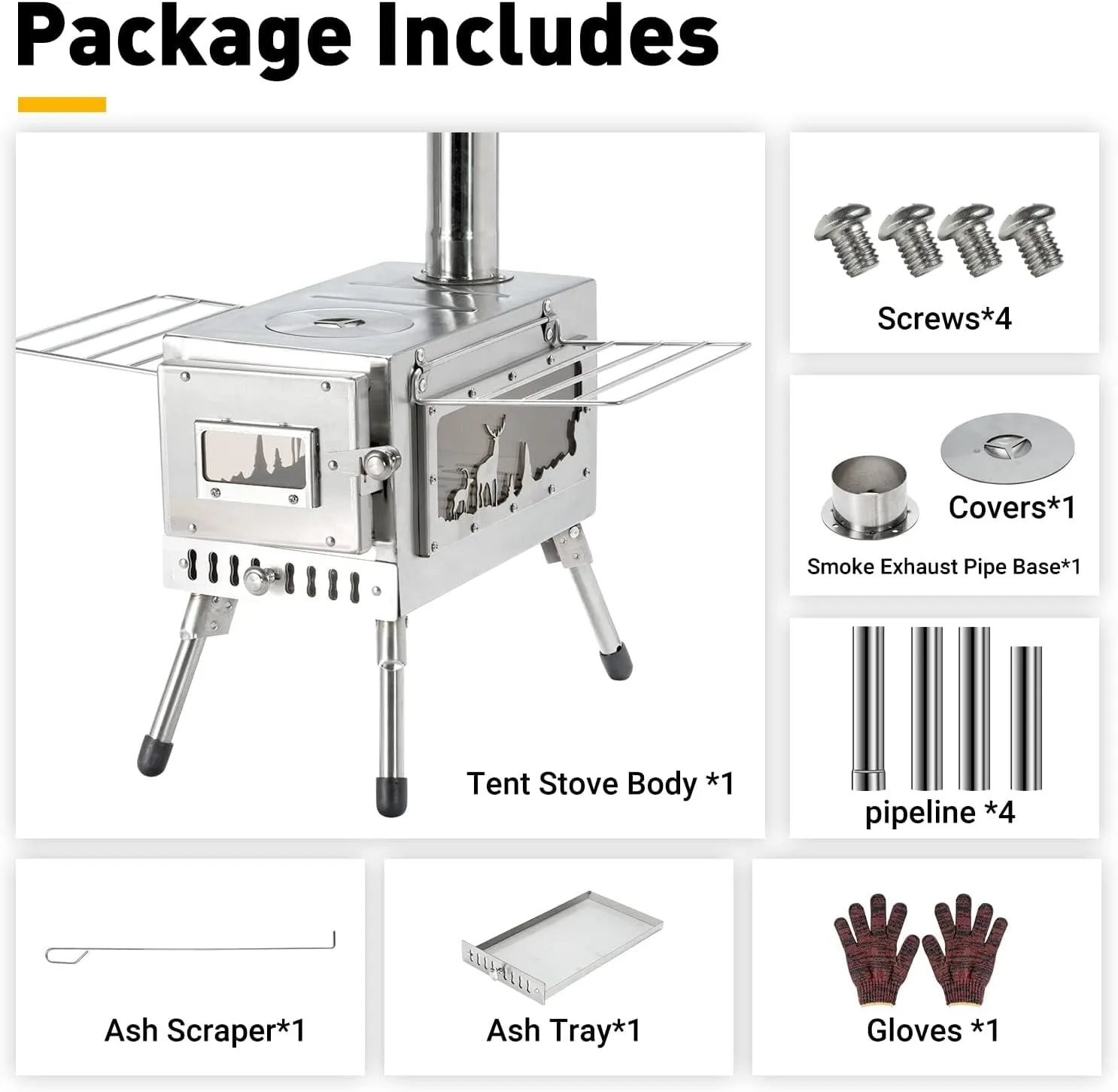 Outdoor Camping Stove, Portable Wood Burning Stove with Chimney Pipe for Tent, Shelter, Heating and Cooking