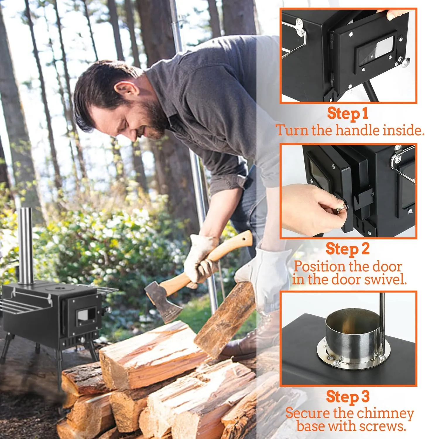 Outdoor Camping Stove, Portable Wood Burning Stove with Chimney Pipe for Tent, Shelter, Heating and Cooking