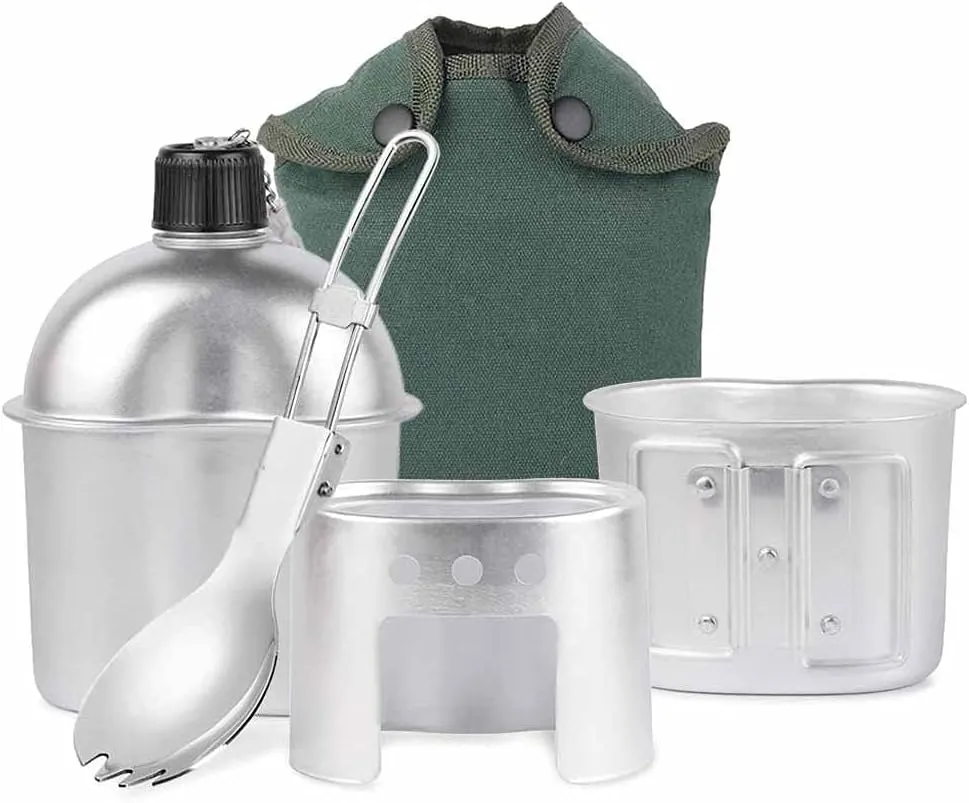 Outdoor Camping Water Bottle Bowl Aluminum Military Canteen Pot Camping Wood Stove Set Spork Camping Hiking Tableware (Color : B)