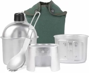 Outdoor Camping Water Bottle Bowl Aluminum Military Canteen Pot Camping Wood Stove Set Spork Camping Hiking Tableware (Color : B)