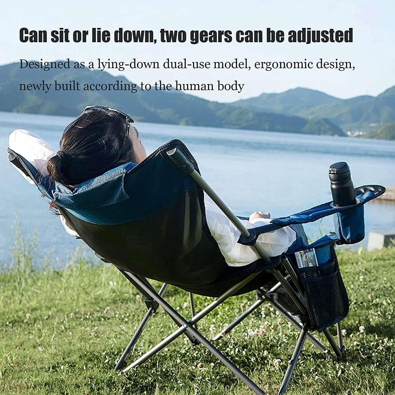 Outdoor Chair Folding Camping Portable Lawn Seat Armchair with Cup Holder Pillow and Carry Bag Leisure Recliner Stool Foldable