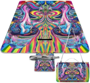 Outdoor Foldable Mat with Strap, Waterproof Trippy Rainbow Mushroom Tie Dye Art Blanket for Beach Camping Park Travel Grass Accessories