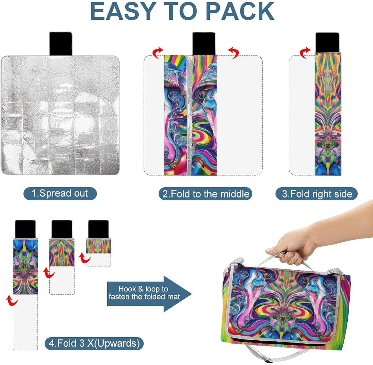 Outdoor Foldable Mat with Strap, Waterproof Trippy Rainbow Mushroom Tie Dye Art Blanket for Beach Camping Park Travel Grass Accessories