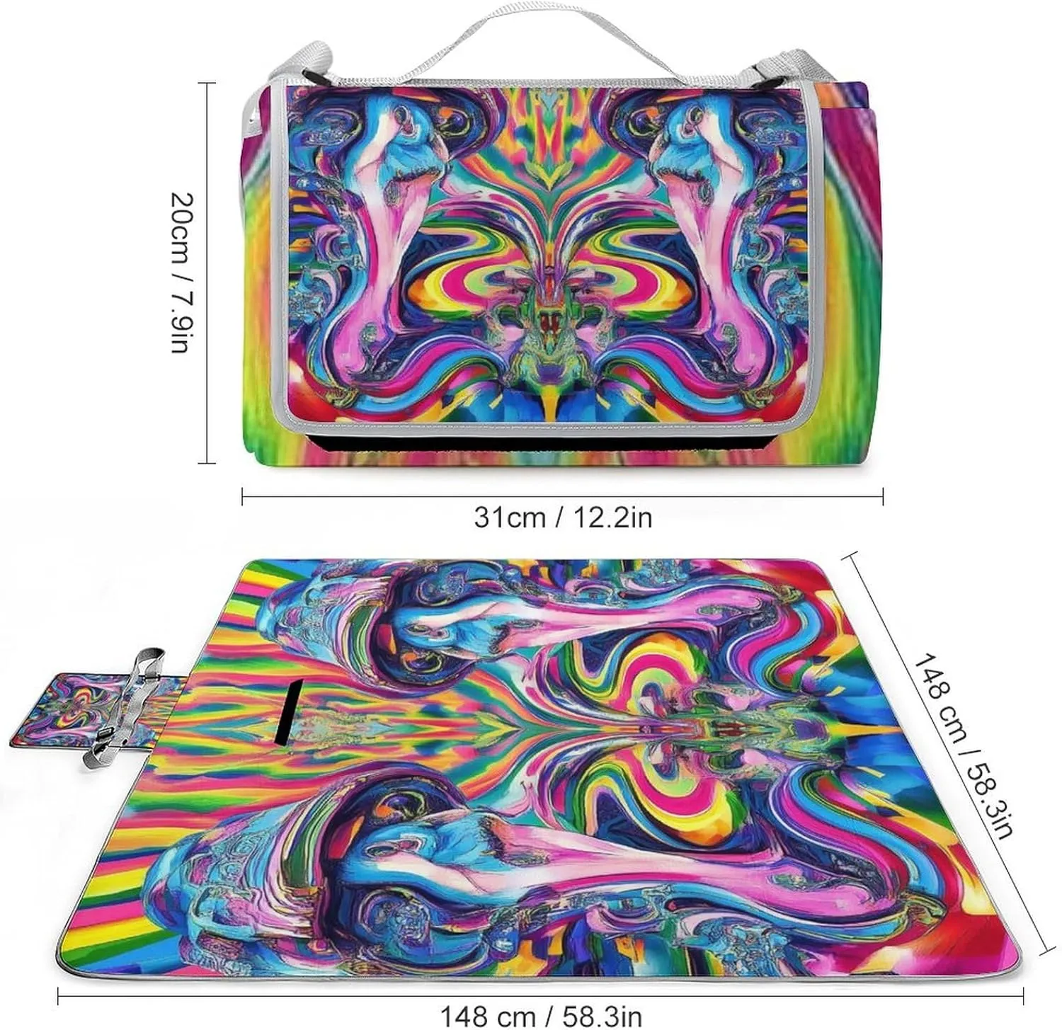 Outdoor Foldable Mat with Strap, Waterproof Trippy Rainbow Mushroom Tie Dye Art Blanket for Beach Camping Park Travel Grass Accessories