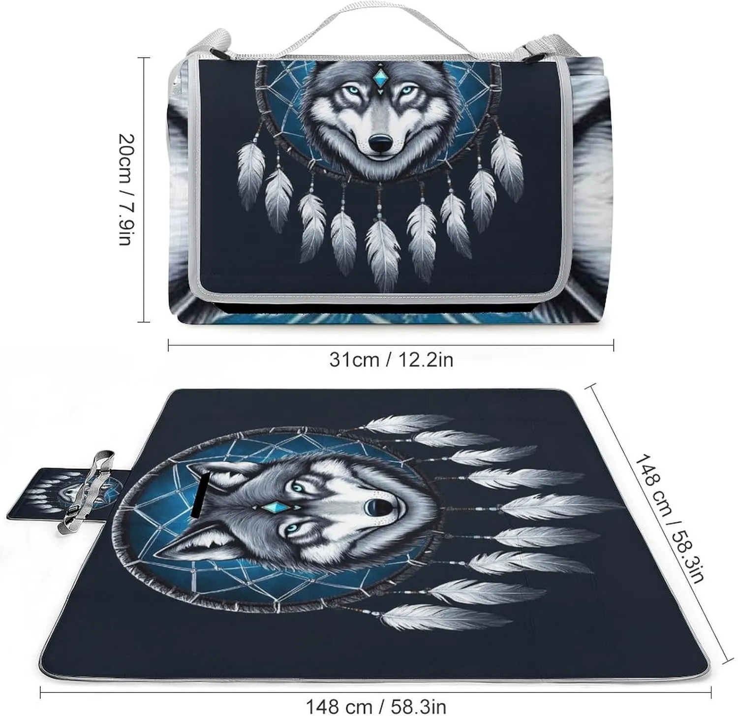 Outdoor Foldable Waterproof Mat for Unisex, Portable Native Wolf Dream Catcher Picnic Blanket, Soft Blankets for Park Travel Grass Beach Camping
