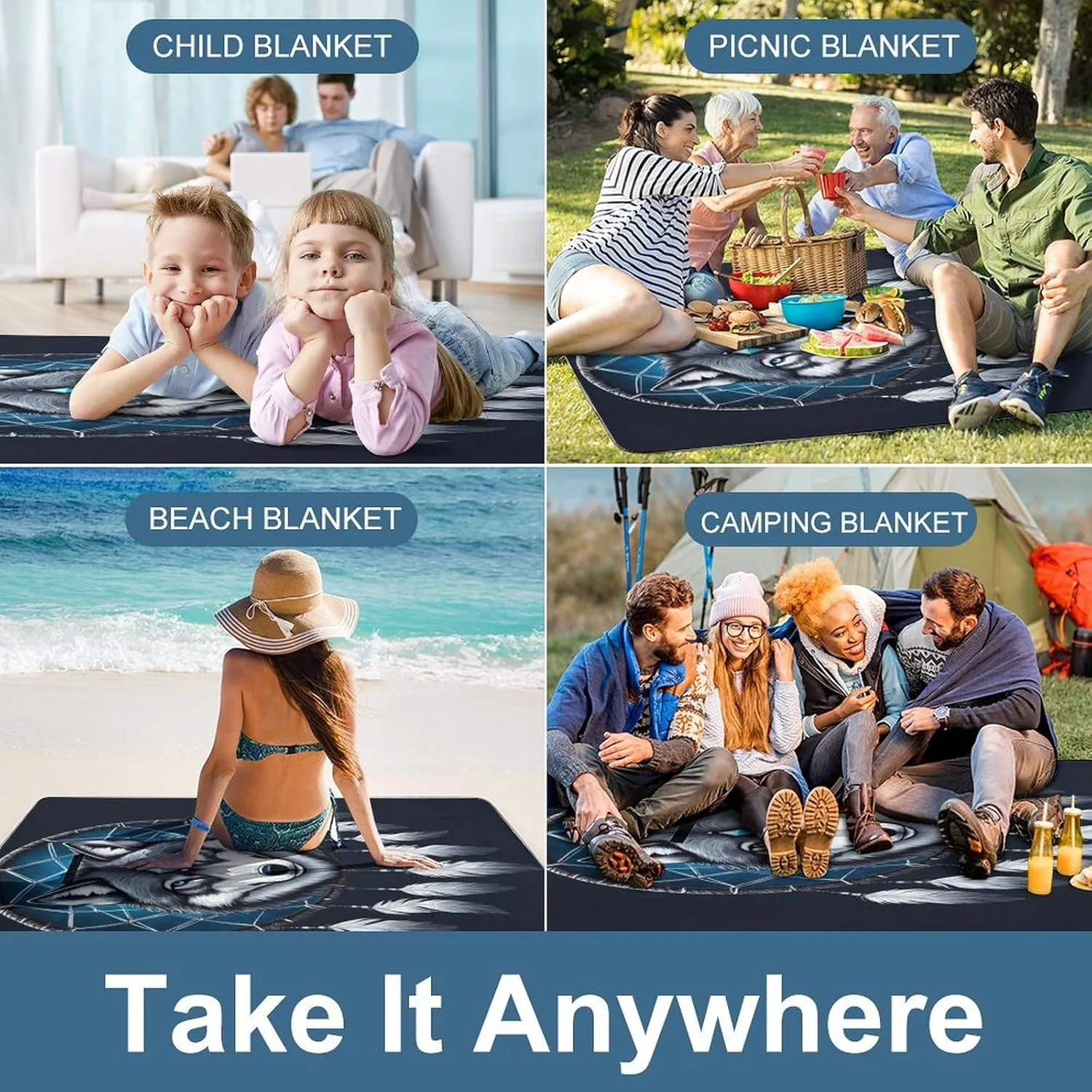 Outdoor Foldable Waterproof Mat for Unisex, Portable Native Wolf Dream Catcher Picnic Blanket, Soft Blankets for Park Travel Grass Beach Camping