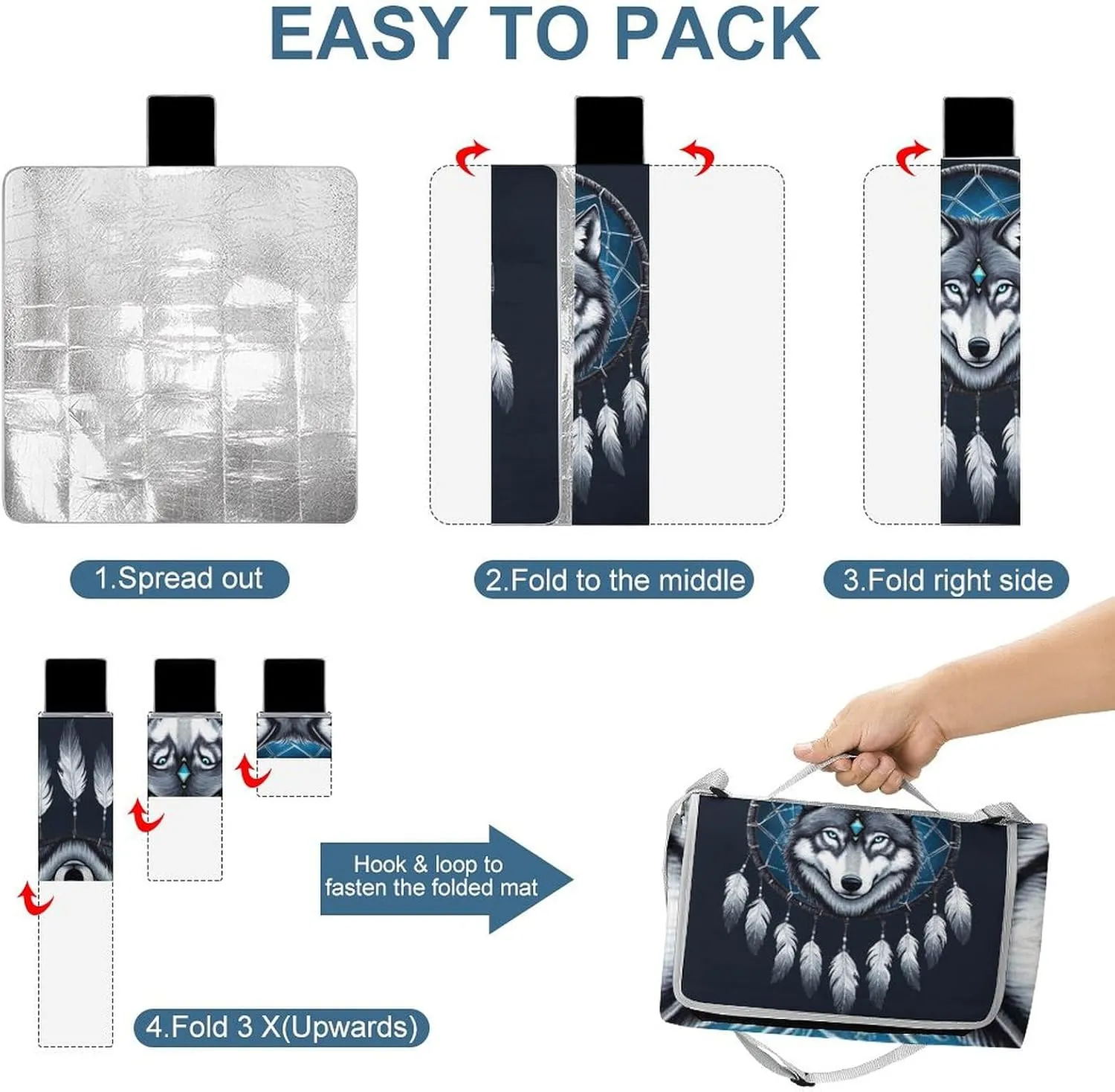 Outdoor Foldable Waterproof Mat for Unisex, Portable Native Wolf Dream Catcher Picnic Blanket, Soft Blankets for Park Travel Grass Beach Camping
