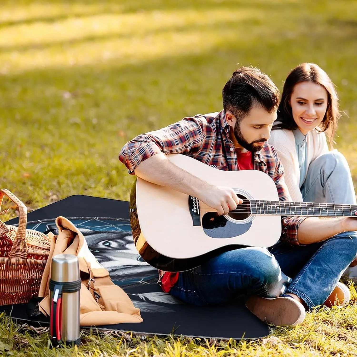 Outdoor Foldable Waterproof Mat for Unisex, Portable Native Wolf Dream Catcher Picnic Blanket, Soft Blankets for Park Travel Grass Beach Camping
