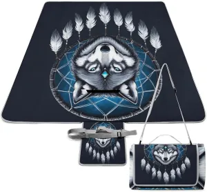 Outdoor Foldable Waterproof Mat for Unisex, Portable Native Wolf Dream Catcher Picnic Blanket, Soft Blankets for Park Travel Grass Beach Camping