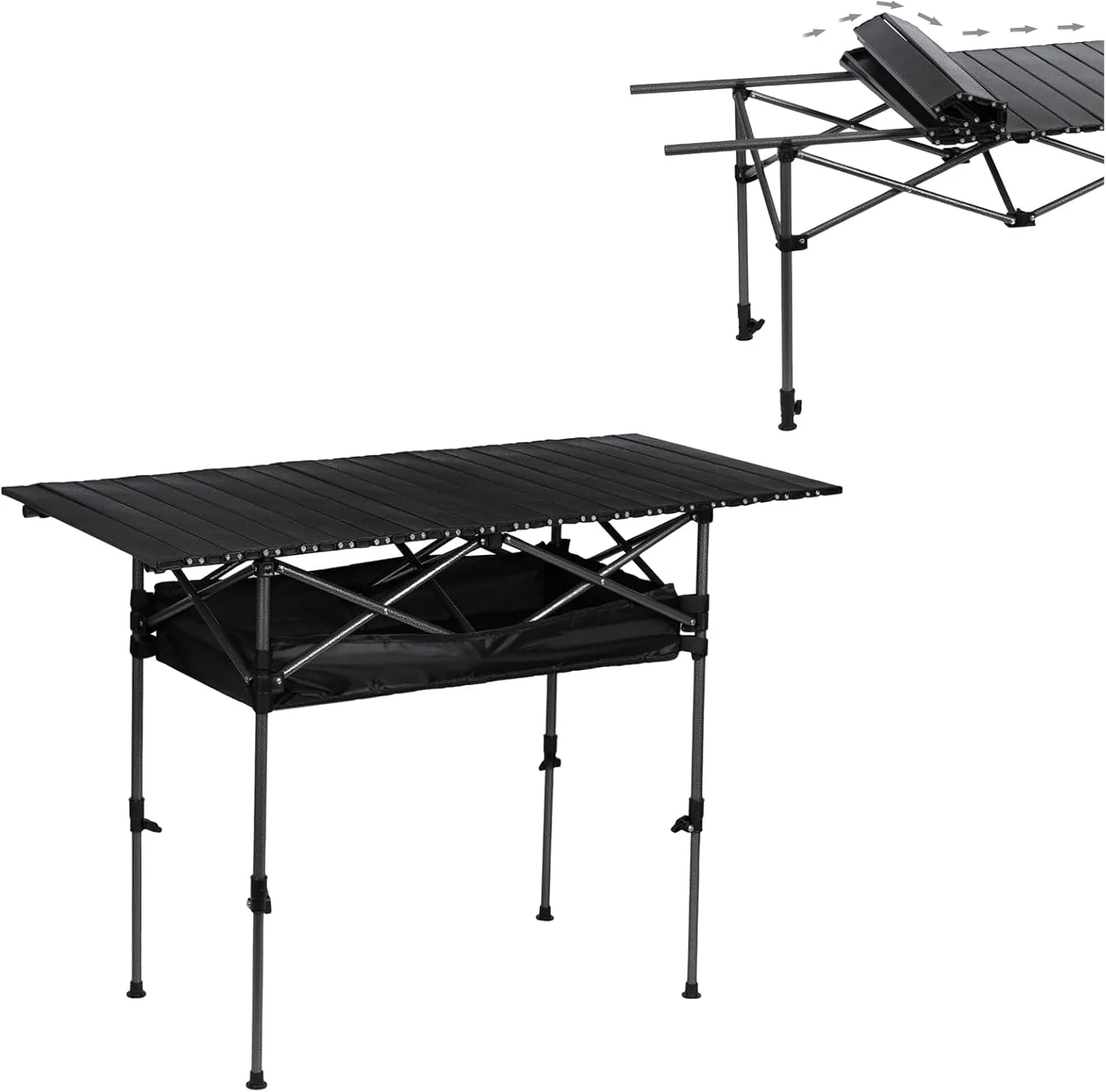 Outdoor Folding Portable Picnic Camping Table with Large Storage Organizer and Carrying Bag, Roll-Up Aluminum Portable Beach Table Top Camp Table for Indoor Outdoor Picnic Backyard 120cm