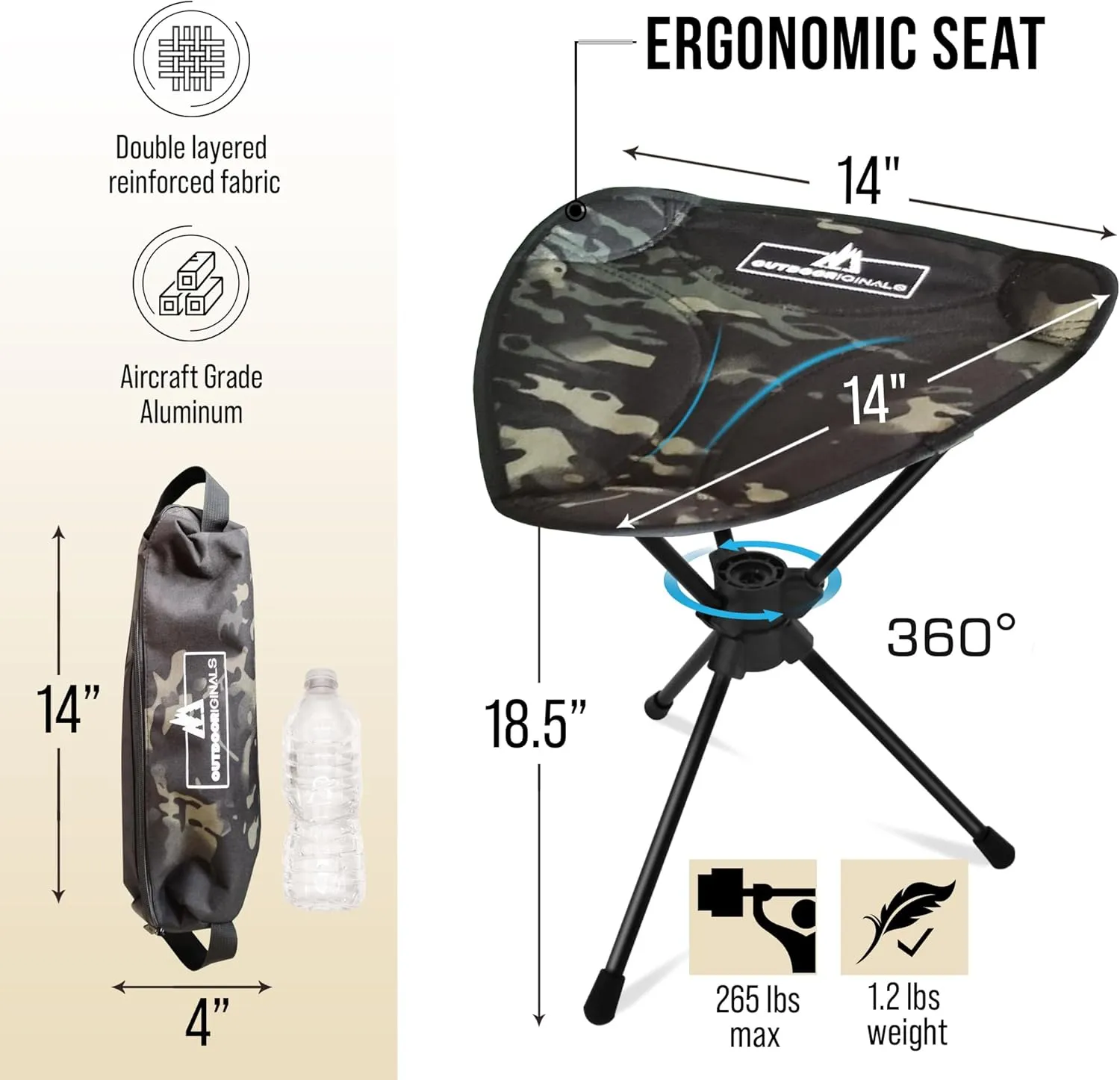 Outdoor Originals 360° Rotating Camping Stool | Compact, Portable, Lightweight, Foldable | Great for Camping, Fishing, Hunting, Sports Games, Outdoor Travel Gear | 360 Swivel Stool