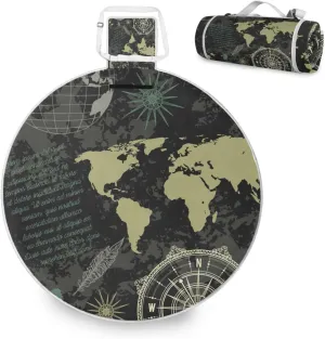 Outdoor Picnic Blanket Black Vintage Globe World Map Circular Picnic Mat Moisture-Proof Pad Camping Beach Blankets Foldable Waterproof Sand Mat Hiking Travel 58.2"X58.2"