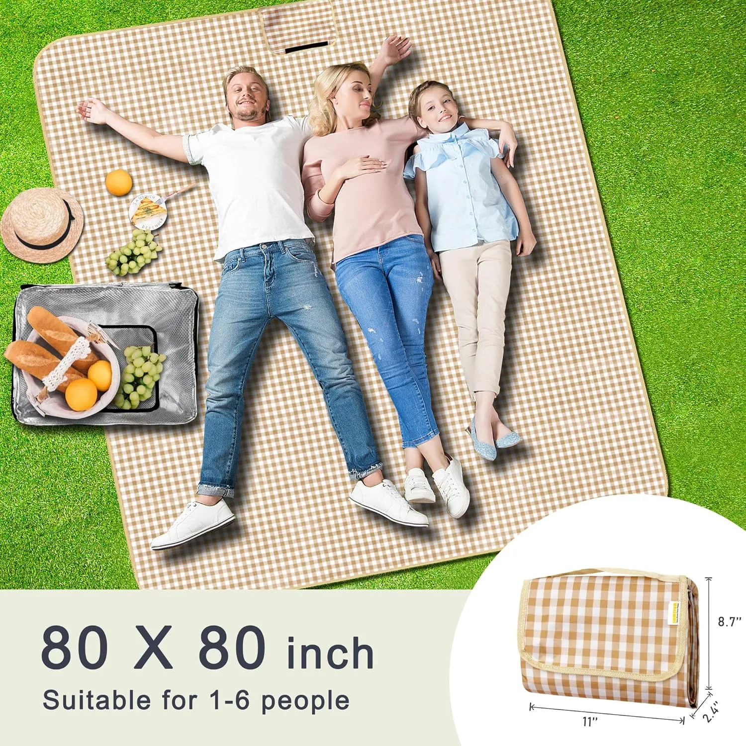 Outdoor Picnic Blankets Waterproof Foldable, Large Beach Blanket Sandproof, Gingham Picnic Mat Cute Washable Portable (Coffee, 80"×80")